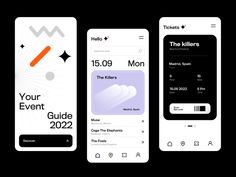 three smartphones displaying the event guide and ticket information for the upcoming year, including an iphone