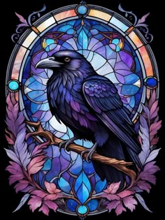 a black bird sitting on top of a tree branch in front of a stained glass window