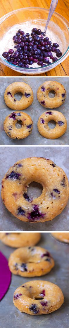 blueberry donuts being baked in a glass bowl