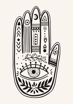 a black and white drawing of a hand with an all seeing eye in the middle