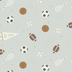 a sports themed wallpaper with balls, bats and tennis rackets on grey background