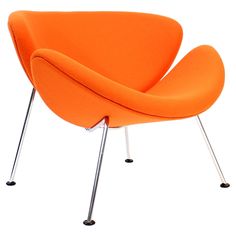 an orange chair with metal legs on a white background