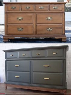 two different dressers side by side, one is painted gray and the other has gold handles