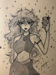 a drawing of a woman holding a glass in her hand with stars on the background