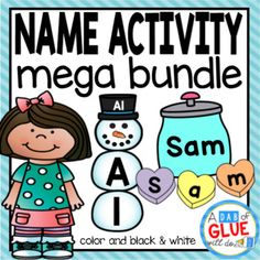 a snowman and a girl with name activity mega bundle for students to practice letter recognition