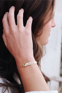 "Missionary Mom's will love this bracelet! Gold or silver bar bracelet with the \"Missionary Mom\" stamped on it. Carded with quote of choice and in gift box packaging. Perfect for gift giving! J E W E L R Y ∙ D E T A I L S * MATERIAL: Brass with real silver Rhodium or 18K pure gold plating with protective +E coating. Nickel and lead free. * BRACELET BAR SIZE: Curved bar measures 1.5 inches x .25 inches * BRACELET WRIST SIZE : Adjustable to fit most any wrist * CLASP STYLE: Lobster claw * CRAFTE Everyday Inspirational Engraved Bracelets, Inspirational Engraved Everyday Bracelets, Adjustable Everyday Chain Bracelet With Name, Adjustable Name Chain Bracelet For Everyday, Inspirational Engraved Bracelets For Everyday, Meaningful Everyday Bracelets For Mother's Day, Everyday Hand Stamped Name Bracelet, Nickel-free Bracelets For Mother's Day, Nickel-free Mother's Day Bracelets