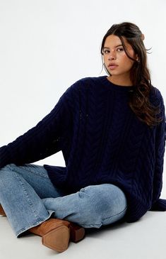 The Rory Cable Knit Sweater from LA Hearts offers cozy sophistication with its thick cable knit fabric. Featuring a crew neckline, long sleeves with dropped shoulders, and an oversized fit, this sweater provides both warmth and a stylish, relaxed look.Cable knit fabricLong sleevesDropped shouldersCrew necklineRibbed trimmingOversized fitOne size fits most100% cotton LA Hearts Womens Rory Cable Knit Sweater - Blue Oversize Cable Knit Sweater, Rory Cable Knit Sweater, Sweater Cable Knit, Fall Winter Outfits Aesthetic, Cable Knit V-neck Sweater, Cute Knit Sweaters, Blue Cable Knit Sweater Outfit, Brandy Melville Sweater Outfit, Winter Essentials Clothes Women