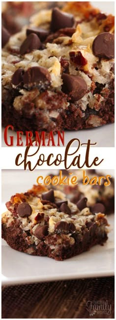 german chocolate cookie bars on a white plate with text overlay that reads german chocolate cookie bars