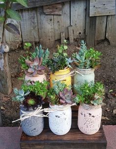 four painted mason jars with succulents in them on top of a wooden table