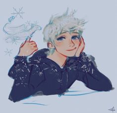 a drawing of a person with white hair and blue eyes, holding a snowflake in her hand