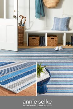 an entryway with blue and white striped rugs