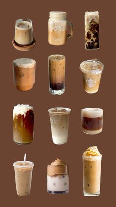 there are many different types of drinks in the cups on this table, including coffee and milkshakes