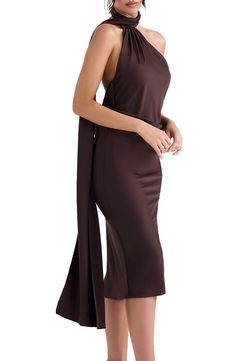 Brown Midi Dress Outfit, Wedding Guest Dress Brown, Brown Elegant Dress, Brown Satin Dress, Brown Halter Dress, Fashion Study, Brown Cocktail Dress, Chocolate Brown Dress, Dress With Scarf