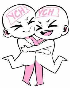 two cartoon characters hugging each other with words on their foreheads that spell out ych