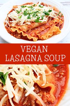 vegan lasagna soup in a white bowl with parmesan cheese on top