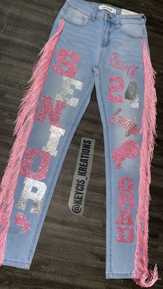 * PICTURES ABOVE IS NOT MY WORK, ALL CREDITS FOR THEM GOES TO @keycis_kreations* These custom jeans are made to order and are not limited to seniors only (also available for birthdays/celebrations). Please be as detailed as possible in the note section as to what design you would like and if you have any inspired pictures, you can upload them using the drag-and-drop method. We only work with NEW and CLEAN jeans. YOU ARE RESPONSIBLE FOR SENDING THE JEANS TO US!! Complete Custom: You can choose a Homecoming Jeans Ideas, Senior Painted Jeans, Senior Year Diy, Senior Year Things, Senior Year Fun, Senior Jeans, Senior Overalls, Senior Photo Outfits, Cute Birthday Outfits