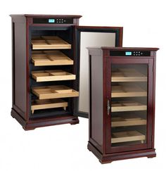 two wooden shelves with drawers in them next to each other