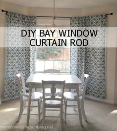 a dining room table and chairs with the words diy bay window curtain rod