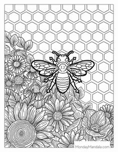 a coloring page with flowers and a bee