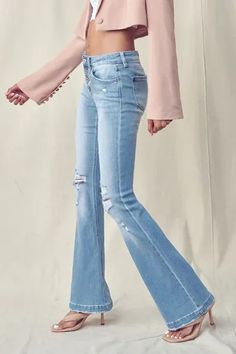 Karyn Flare Jeans Mid Rise Jeans Outfit, Distressed Flare Jeans, Mid Rise Flare Jeans, Minimal Accessories, Fresh Kicks, White Bodysuit, Jeans Button, Denim Flares, Girls Jeans