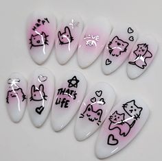 silly lil doodle nail set! this is my favorite set to wear. sparks joy. they're all mostly cats, but all the sets do have 2 bunnies on them.  the cats on the thumbs of the xs size are upside down, but I think that adds to the charm. (view photos!) check your size by measuring the width of your nails in millimeters (mm)! Sizes: XS - 14mm, 11mm, 12mm, 11mm, 9mm S - 15mm, 12mm, 13mm, 12mm, 9mm M - 16mm, 13mm, 14mm, 13mm, 10mm L - 17mm, 14mm, 15mm, 14mm, 11mm XL - 18mm, 15mm, 16mm, 15mm, 12mm ଘ(੭ˊ꒳ˋ Doodle Nails, 2 Bunnies, Paznokcie Hello Kitty, Cat Doodle