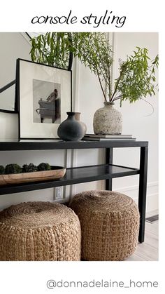 a shelf with two vases on top of it and some plants in the background