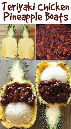 there are pictures of different types of pineapples in this photo and the words, teriyaki chicken pineapple boats