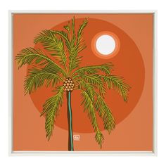 a palm tree in front of an orange sky with the sun behind it and a white frame