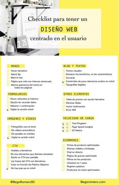 a yellow and white flyer with the words checklist para tender un diseno web