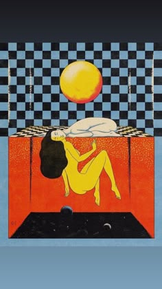 a painting of a woman laying on top of a bed with an orange ball above her head