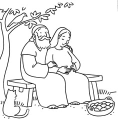 a black and white drawing of a man sitting on a bench next to a woman