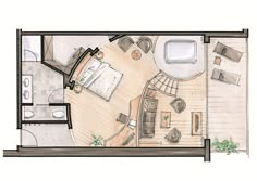 an aerial view of a living room and bedroom in a tiny house with wood flooring