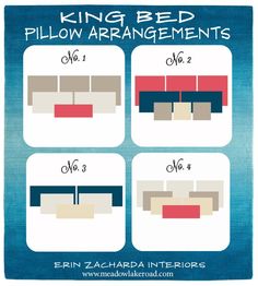 four different types of bed pillows with the words king bed pillow arrangements on each side