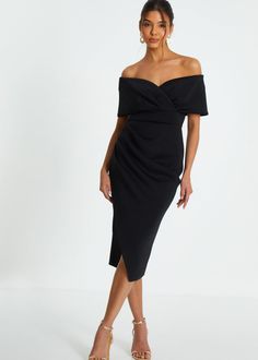 Off-the-shoulder midi dress with ruched wrap detail. Perfect for formal occasions. Versatile black design suitable for weddings, graduations, and more. Velvet Dresses Long, Dress Quiz, Wash Label, Black Tie Party, Sleeve Model, Bardot Neckline, Loungewear Jumpsuit, Wrap Midi Dress, Plain Design