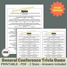 the general conference trivia game is shown in three different colors and font, with an additional