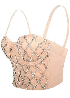 Do the most in this trendy crystal bustier crop top! This beautiful rhinestone-embellished bustier bra features a rhinestone detailed pattern, sweetheart neckline, adjustable, detachable shoulder straps, a row of hidden hook back closures, and built-in padded bra. Spaghetti Strap Rhinestone Crystals Comfortable Adjustable straps Bra Padding Snap Closure Material: 69% Cotton, 29% Polyester Care: Hand wash only. Do not soak XOBPCC-AIL-NA Recommended measurements: 34B: under bust 26-28 in, bust 31- Crystal Corset, Rhinestone Bustier, Denim Rhinestone, Rave Babe, Corset Bra, Top Bra, Club Party, Womens Bras, Bra Straps