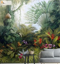 a painting of tropical plants and flowers in the jungle with sunlight coming through the trees