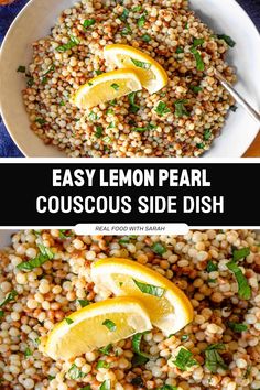 a bowl filled with couscous and topped with lemons