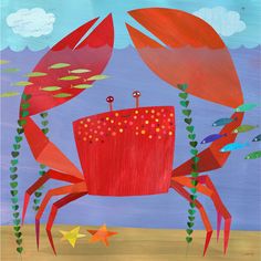 a painting of a red crab with stars on it's legs