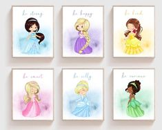 four princesses are shown in watercolors on white paper with the words be strong, be happy, be beautiful