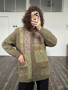 "Vintage cardigan in green and beige, it is made of 68% acryl, 20% polyester, 10% mohair, 5% wool, polyester lining, padded, fits XS-M, gender neutral, button-down closure, straight, perfect condition  Measurements: Shoulders: 45 cm / 17.7\" Sleeve length: 52 cm / 20.5\" Length: 73 cm / 28.7\" Bust: 51 cm / 20.1\"" Green Knit Sweater Coat For Winter, Green Knitted Sweater Coat For Winter, Green Wool Sweater Coat For Fall, Vintage Wool Sweater Coat For Winter, Green Wool Sweater Coat For Winter, Green Winter Cardigan, Green Fair Isle Sweater For Fall, Green Cozy Acrylic Outerwear, Vintage Wool Cardigan For Winter