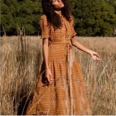 Lovely Dress With Buttons All The Way Down.. Block Printed. See Pics For Measurements. I Found This To Run On The Smaller Side. Autumn Midi Dress, Daughters Of India, Midi Dress Fall, India Dress, Dress With Buttons, Prairie Dress, Lovely Dresses, Tan Brown, Block Print