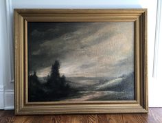 an oil painting on canvas of a stormy landscape with trees in the foreground and clouds in the background