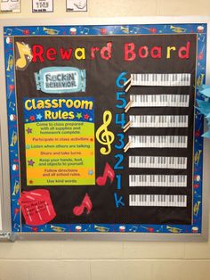 a classroom bulletin board with musical notes on it