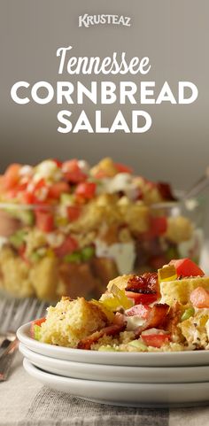 a close up of a plate of cornbread salad