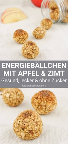 an apple and oatmeal muffin is shown with the words energy ballchen mit appel & zimt