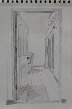 a pencil drawing of an open door