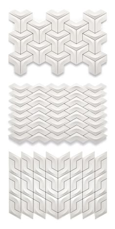 three white tiles with wavy lines on each side and one in the middle, all facing different directions