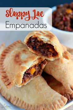 two meat empanadas cut in half and stacked on top of each other