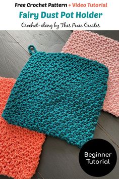 three crocheted dishcloths sitting on top of a wooden table with text overlay